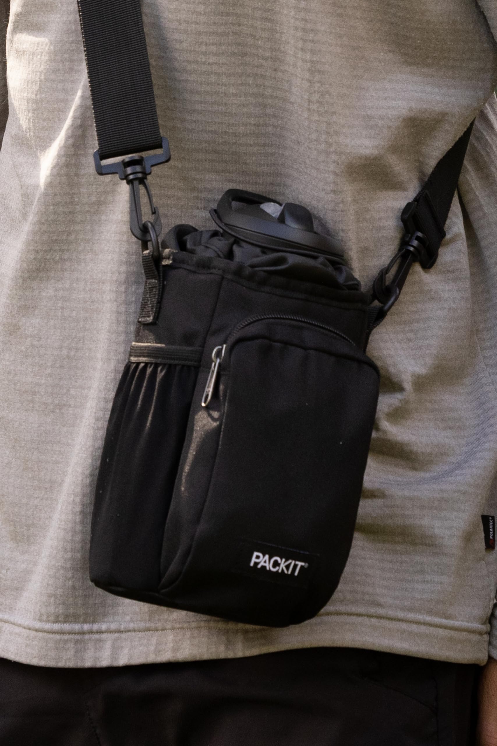 PackIt Freezable Hydration Crossbody Water Bottle Carrier with Strap, Fits 32,40 oz and 64 oz - Triple Function Design, Removable Freezable Insert, Adjustable Crossbody Strap, Front Zip Pocket - Black - Image 10