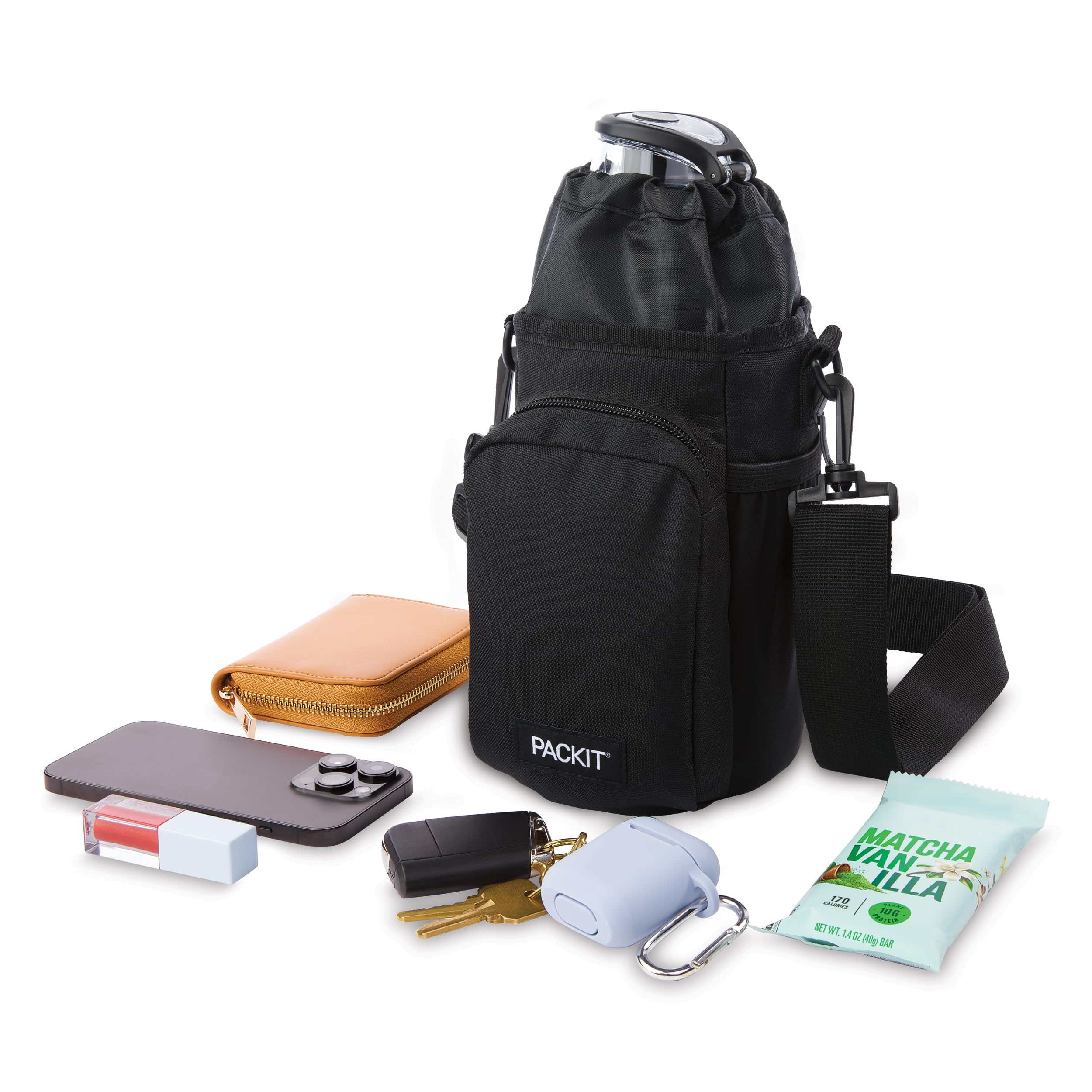 PackIt Freezable Hydration Crossbody Water Bottle Carrier with Strap, Fits 32,40 oz and 64 oz - Triple Function Design, Removable Freezable Insert, Adjustable Crossbody Strap, Front Zip Pocket - Black - Image 6